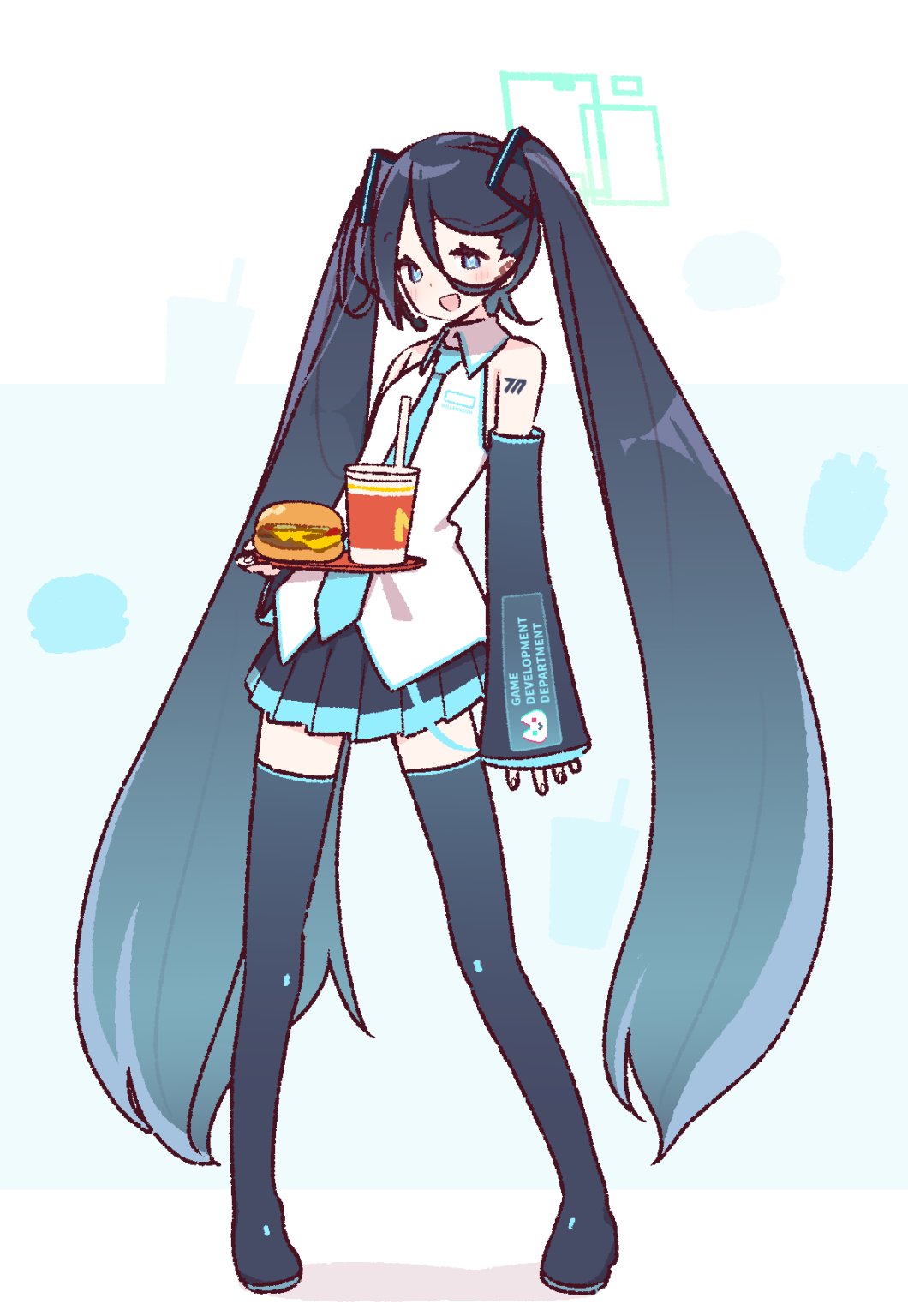 1girl aris_(blue_archive) blue_archive blue_hair blush burger commentary_request cosplay food full_body green_halo halo hatsune_miku hatsune_miku_(cosplay) highres holding long_hair looking_at_viewer millennium_science_school_logo necktie skirt solo standing thighhighs twintails very_long_hair yoru_nai zettai_ryouiki