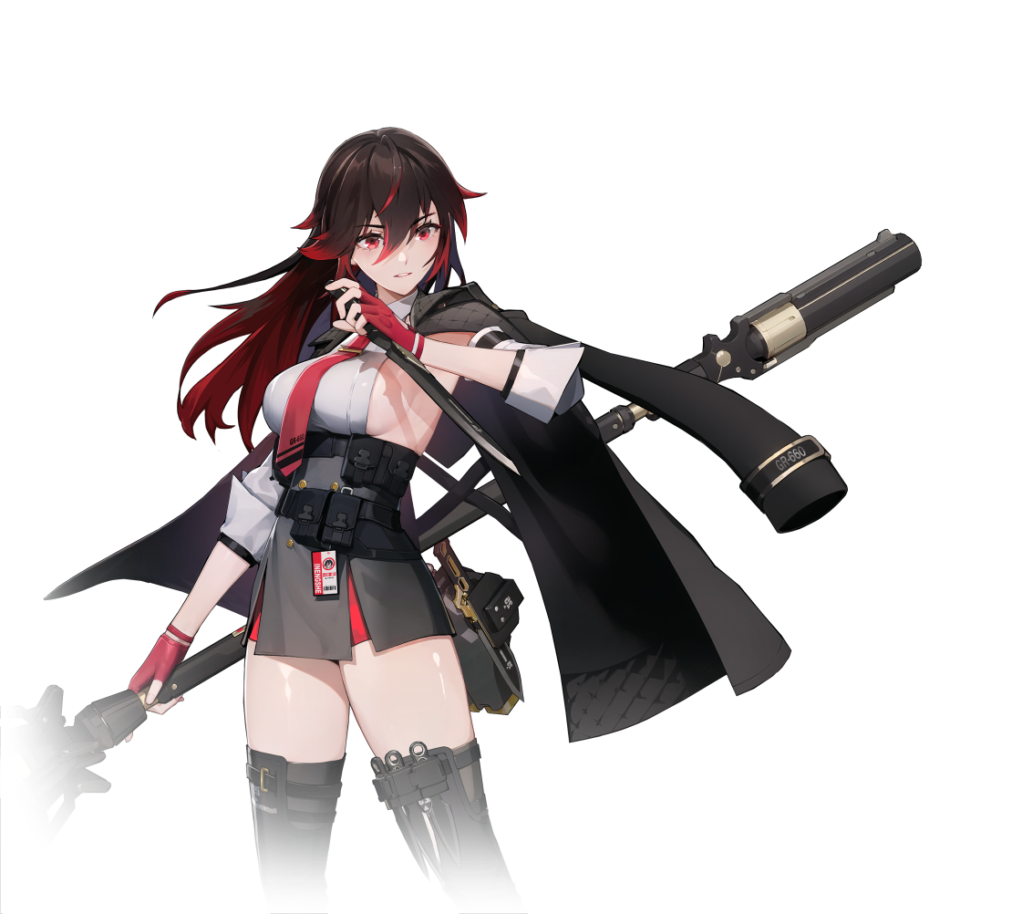 1girl belt belt_pouch black_hair black_skirt black_thighhighs breasts dagger detached_sleeves fingerless_gloves gloves gradient_hair hair_between_eyes holding holding_dagger holding_knife holding_polearm holding_weapon id_card jacket jacket_on_shoulders katerina_(starward) knife large_breasts long_hair medium_breasts multicolored_hair necktie official_art polearm pouch red_eyes red_gloves red_hair red_necktie reverse_grip scissors shirt sideboob simple_background skirt solo starward streaked_hair thigh_pouch thighhighs two-tone_hair weapon white_background white_shirt