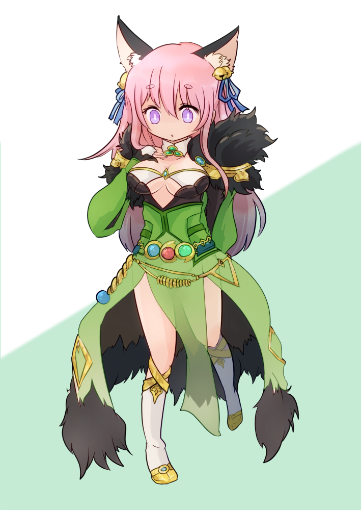 1girl animal_ear_fluff animal_ears bell belt blue_background blue_belt blue_gemstone blue_ribbon breasts cleavage collar commentary_request detached_collar dress elemental_master_(ragnarok_online) fox_ears fox_girl full_body fur-trimmed_dress fur_trim gem green_dress green_gemstone hair_bell hair_ornament hair_ribbon jingle_bell long_hair medium_breasts open_mouth pelvic_curtain pink_hair pochiko_(poteko) purple_eyes ragnarok_online red_gemstone ribbon shoes socks solo two-tone_background white_background white_collar white_socks yellow_shoes