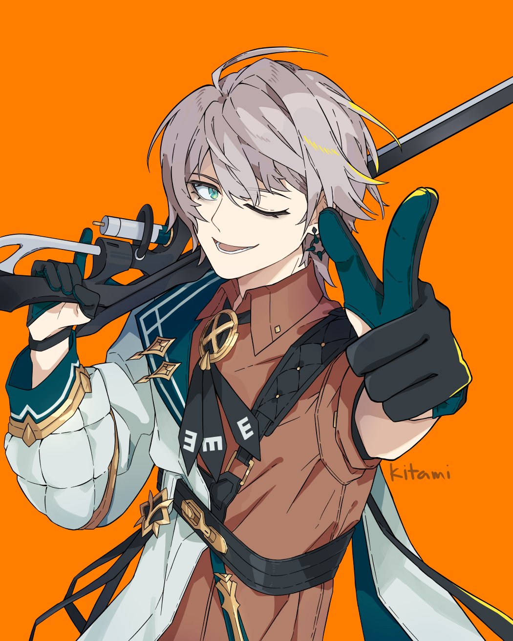 1boy :d asymmetrical_sleeves bang_(gesture) black_gloves black_neckwear brown_hair brown_jacket earrings finger_gun gloves green_eyes gun highres holding holding_gun holding_weapon honkai_(series) honkai_impact_3rd jacket jewelry kitamiteo looking_at_viewer lyle_collodi mismatched_sleeves multicolored_jacket one_eye_closed open_mouth orange_background pointing pointing_at_viewer rifle short_hair simple_background smile sniper_rifle solo weapon white_jacket
