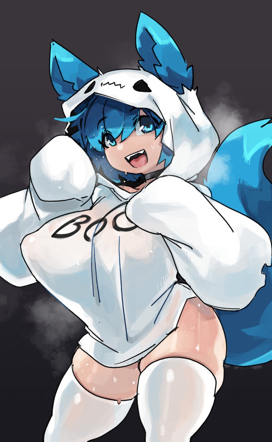 1girl animal_ears black_choker blue_eyes blue_hair borrowed_character breasts choker covered_erect_nipples english_text fangs fox_ears fox_girl fox_tail ghost_costume hair_between_eyes highres hood hoodie kyo_ashryver large_breasts large_tail no_bra open_mouth original paw_pose short_hair simple_background skindentation sleeves_past_fingers sleeves_past_wrists solo steam sweat tail teeth thick_thighs thighhighs thighs upper_teeth_only white_hoodie white_thighhighs zanamaoria