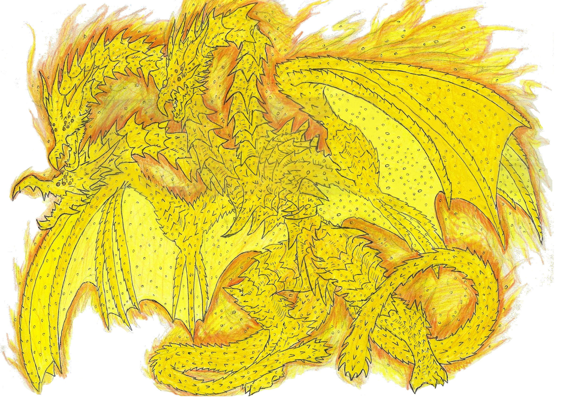 alien aura beastrider9 claws conjoined dragon dragon_horns electricity_elemental elemental_(creature) energy energy_being extra_eyes extradimensional_being fire fire_elemental glowing glowing_eyes godzilla:_the_planet_eater godzilla_(series) gold highres horns kaiju king_ghidorah light_elemental lightning_elemental monster multiple_heads no_humans open_mouth red_eyes scales sharp_teeth space_monster tail teeth tokusatsu wings