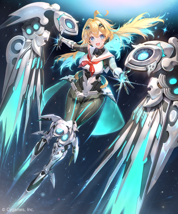 1girl ahoge android blonde_hair blue_eyes blue_hair breasts commentary_request company_name fang flying full_body hair_between_eyes hair_intakes hair_ornament kouyafu large_breasts long_hair looking_at_viewer mechanical_legs mechanical_wings multicolored_hair official_art open_mouth ralmia_(shadowverse) sailor_collar shadowverse sky smile solo star-shaped_pupils star_(sky) star_(symbol) starry_sky symbol-shaped_pupils thrusters two-tone_hair wings