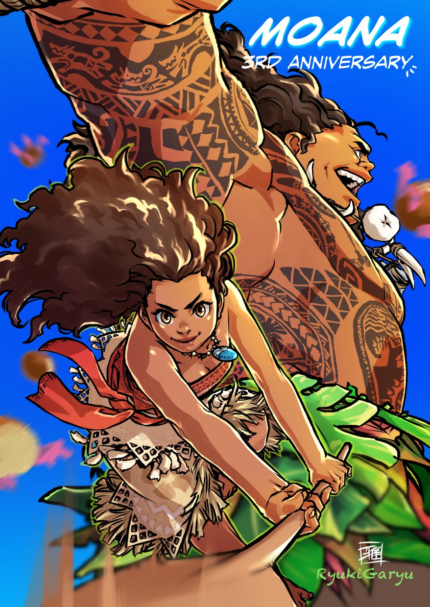 1boy 1girl arm_tattoo artist_name blue_background brown_eyes brown_hair chest_tattoo copyright_name dark-skinned_female dark-skinned_male dark_skin highres holding holding_oar leaf_skirt long_hair looking_at_viewer maui_(moana) moana_(movie) moana_waialiki oar ryuuki_garyuu tattoo tattoo_sleeve