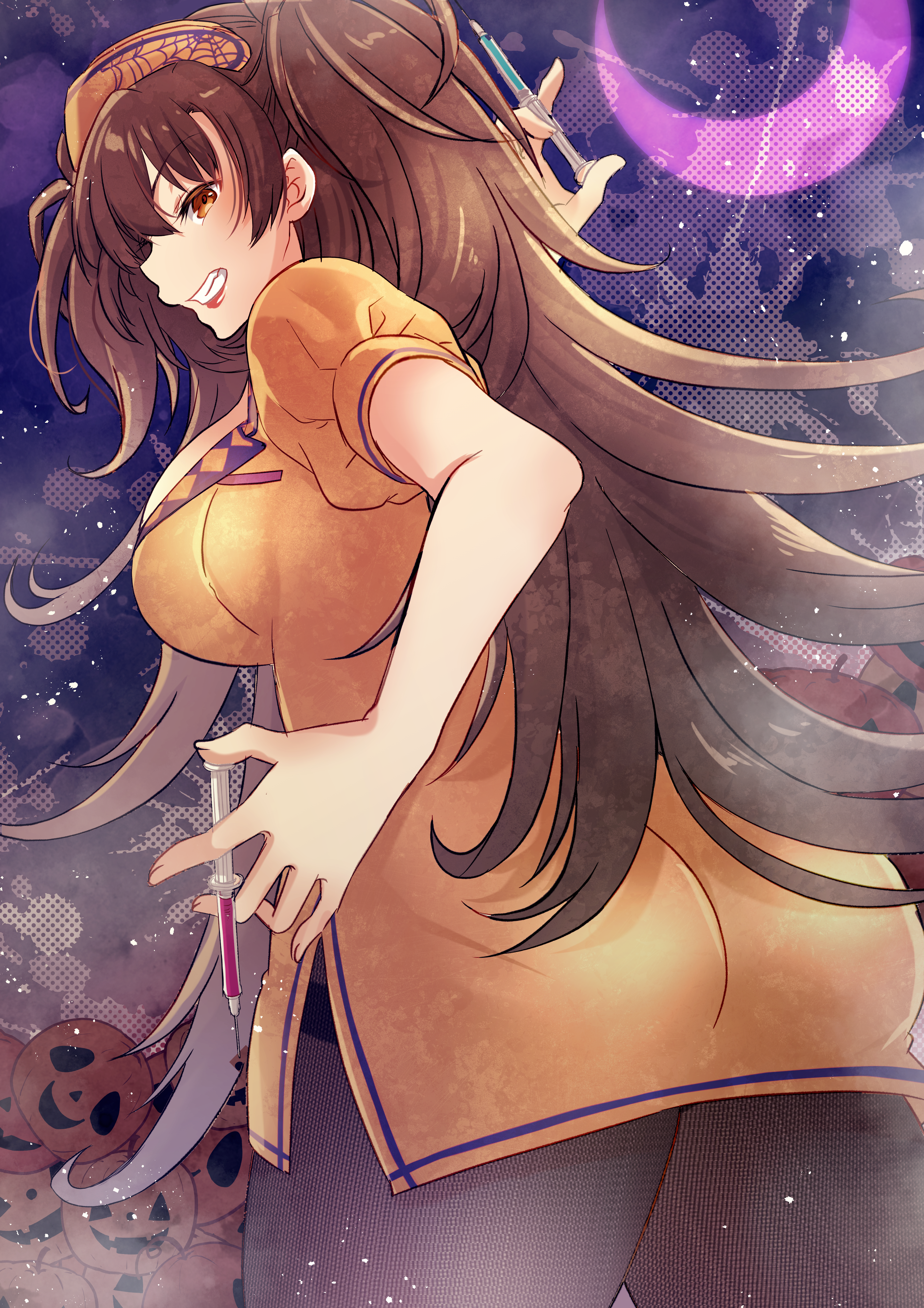 1girl absurdres breasts brown_hair dr._arach highres holding holding_syringe large_breasts looking_at_viewer moon non-web_source nurse orange_vest pantyhose pumpkin shimotsukishin smile smug syringe tsukihime tsukihime_(remake) vest yellow_eyes