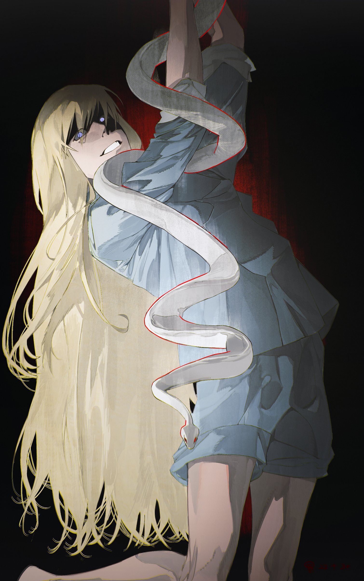 1boy absurdres aged_down aqua_shirt aqua_shorts black_background blonde_hair blue_eyes evil_grin evil_smile feet_out_of_frame from_side grin highres kneeling long_hair millions_knives outline red_background red_outline shaded_face shirt shorts sleeve_cuffs smile snake summerweeeeeeen swept_bangs trigun two-tone_background white_scales white_snake