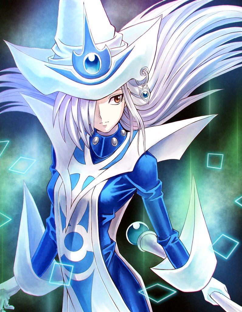 1girl bad_id bad_pixiv_id blue_dress dress duel_monster edaori gloves grey_hair hair_over_one_eye hat holding holding_staff long_hair silent_magician staff white_gloves white_hat wizard_hat yu-gi-oh!