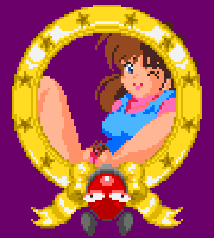 1girl blue_dress blue_eyes breasts brown_hair clothes_lift dress dress_lift kanda_momo logo_parody long_hair looking_at_viewer medium_breasts metro-goldwyn-mayer no_panties one_eye_closed open_mouth parody pink_shirt pixel_art pubic_hair purple_background pussy ribbon saiwai_hiroshi shirt sitting smile spread_legs star_(symbol) wink wonder_momo yellow_ribbon