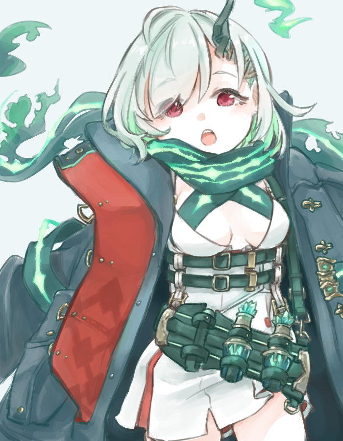 1girl belt breasts buckle cleavage dress green_hair grey_background hair_ornament hairclip holster holstered ishikoro1645 jacket little_match_girl_(sinoalice) looking_at_viewer open_clothes open_jacket open_mouth red_eyes scarf short_hair simple_background sinoalice solo
