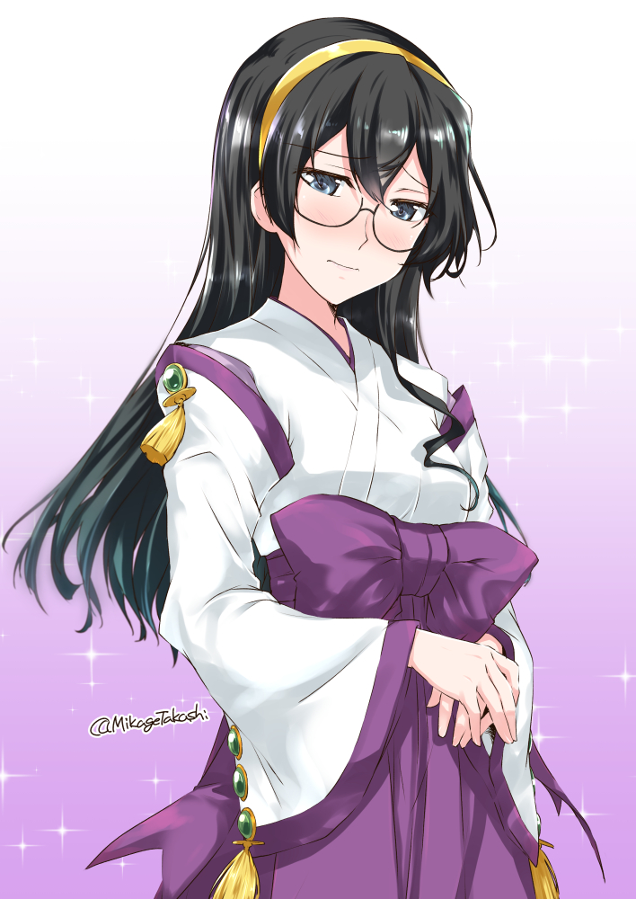 1girl alternate_costume black-framed_eyewear black_hair blue_eyes blush commentary_request cosplay female_focus glasses hairband hakama hakama_skirt himemiya_chikane himemiya_chikane_(cosplay) japanese_clothes kannazuki_no_miko kantai_collection kawasumi_ayako long_hair mikage_takashi miko ooyodo_(kancolle) signature skirt solo sparkle twitter_username voice_actor_connection wide_sleeves