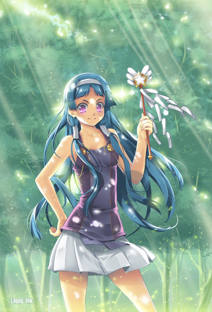 1girl blue_hair blunt_bangs female_focus hair_tubes hairband kannagi landre long_hair nagi pleated_skirt purple_eyes skirt smile solo wand white_skirt