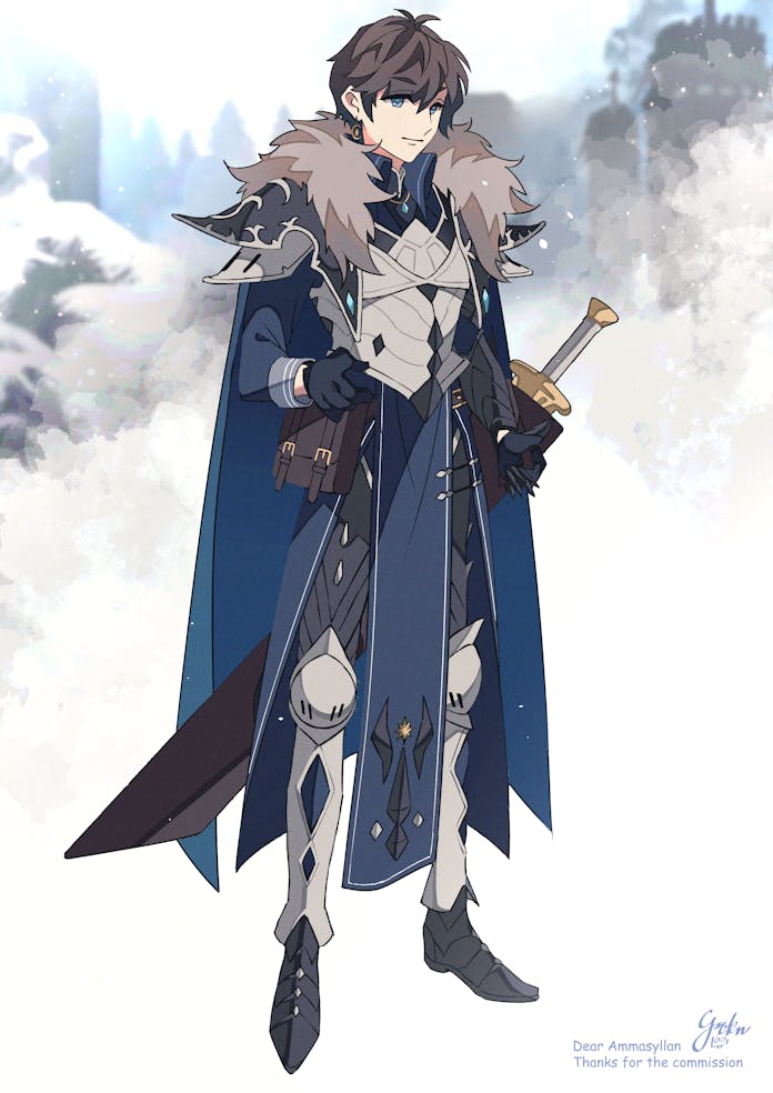 1boy ammasyllan armor armored_boots black_gloves blue_cape blue_eyes boots brown_hair cape commentary commission commissioner_name english_commentary full_body fur-trimmed_cape fur_trim gloves indie_virtual_youtuber male_focus mashugure outdoors paladin sheath sheathed signature skeb_commission snow solo standing sword virtual_youtuber weapon