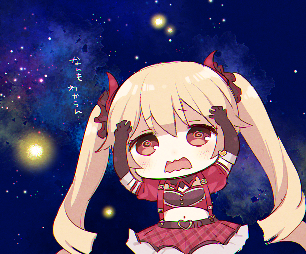 1girl @_@ belt blonde_hair blue_background blush boyano brown_collar brown_eyes brown_gloves brown_shirt chibi collar cowboy_shot crop_top detached_collar dot_nose drill_hair earrings frilled_skirt frills gloves hair_ornament hair_scrunchie hands_on_own_head heart heart_earrings jewelry kisaki_emiri long_hair magia_record:_mahou_shoujo_madoka_magica_gaiden magical_girl mahou_shoujo_madoka_magica navel open_mouth plaid_clothes plaid_skirt puffy_short_sleeves puffy_sleeves red_scrunchie red_skirt scrunchie shirt short_sleeves sidelocks single_earring skirt solo star_(symbol) star_symbol_background suspenders twintails very_long_hair