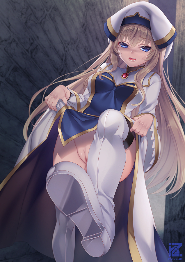 1girl artist_name blonde_hair blue_eyes boots censored clothes_lift commentary_request cover cover_page dress dress_lift goblin_slayer! hat lifting_own_clothes long_hair mosaic_censoring no_panties novel_cover open_mouth priestess priestess_(goblin_slayer!) pussy sanom smile solo teeth very_long_hair white_boots white_dress white_hat