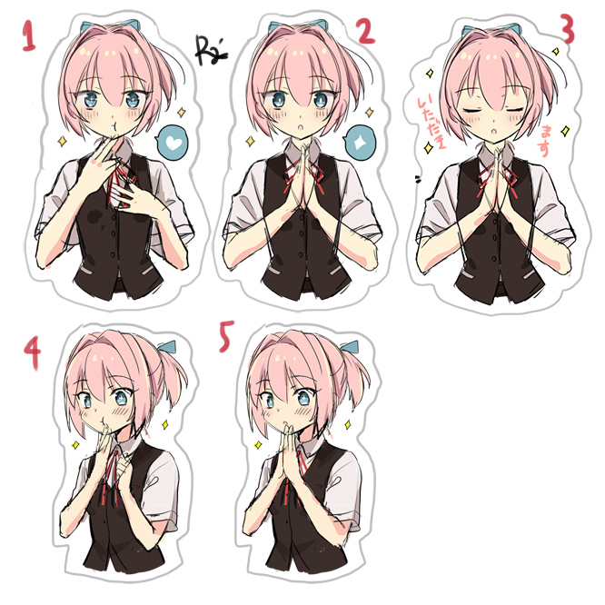 1girl black_vest blue_eyes collared_shirt commentary_request dress_shirt facing_viewer hair_intakes kantai_collection looking_at_viewer multiple_views neck_ribbon pink_eyes ponytail praying r-king red_ribbon ribbon shiranui_(kancolle) shirt short_hair sparkle translation_request upper_body vest white_shirt