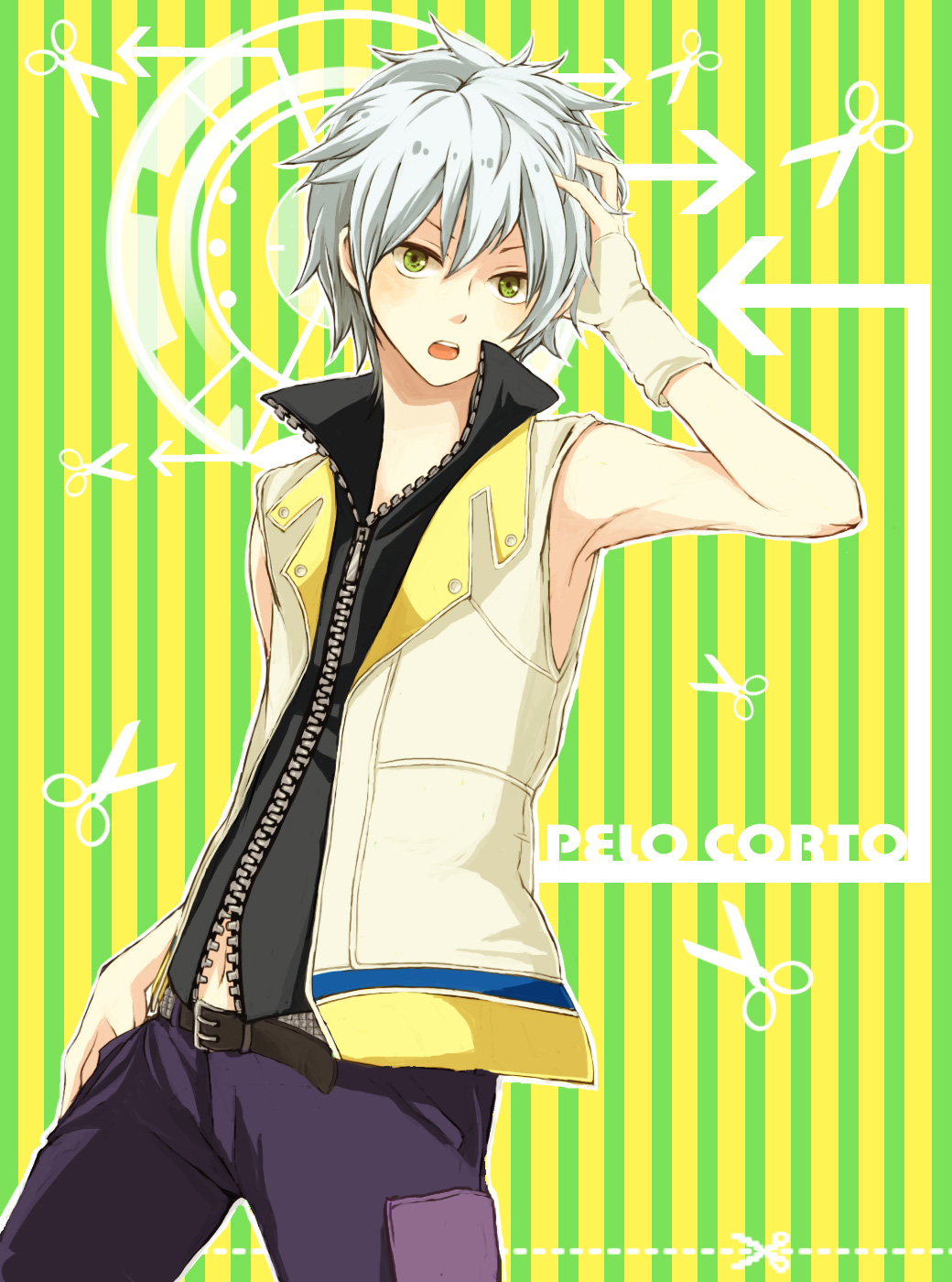 1boy arm_up arm_warmers armpits arrow_(symbol) belt black_belt black_vest blue_pants colorful commentary_request cowboy_shot green_eyes grey_hair hand_on_own_head high_collar highres jacket kingdom_hearts kingdom_hearts_3d:_dream_drop_distance male_focus mayahe midriff_peek navel open_clothes open_jacket open_mouth pants riku_(kingdom_hearts) scissors short_hair solo striped_background teeth upper_body upper_teeth_only vest white_jacket