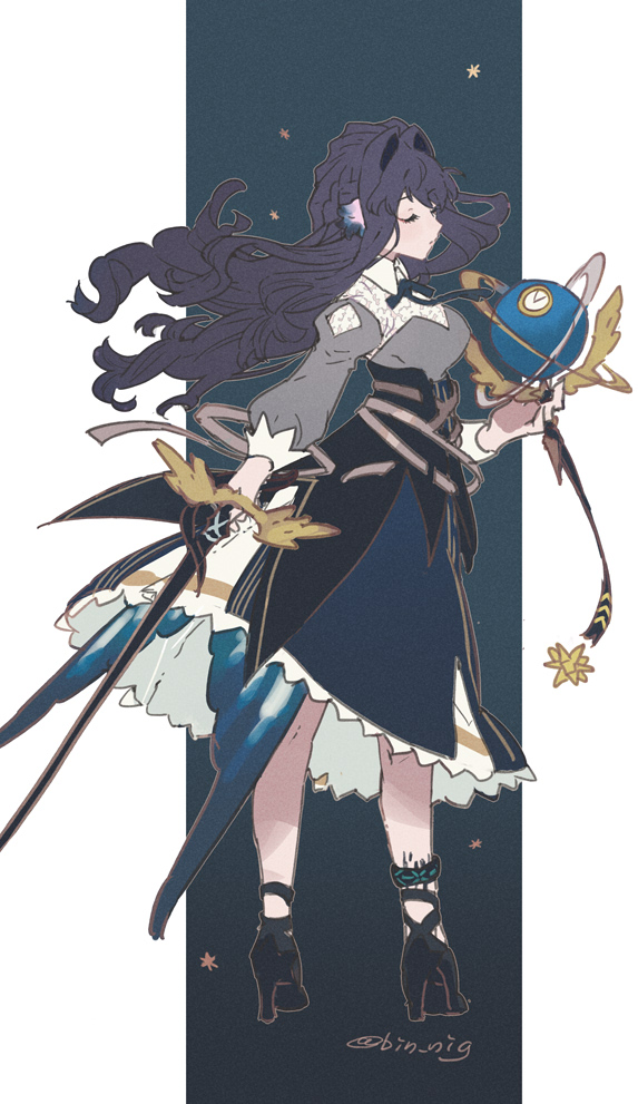 1girl animal_ears arknights astesia_(arknights) bird_ears blue_hair blue_skirt breasts celestial_globe clock closed_eyes closed_mouth collared_shirt commentary dark_blue_hair eyelashes facing_to_the_side floating_hair from_behind full_body hair_intakes high_collar high_heels holding holding_sword holding_weapon infection_monitor_(arknights) large_breasts layered_skirt long_hair long_sleeves material_growth orbital_path oripathy_lesion_(arknights) outside_border outstretched_arm ribbon shirt simple_background skirt solo standing star_(symbol) sword twitter_username urabe_(mstchan) weapon white_shirt white_skirt winged_sword