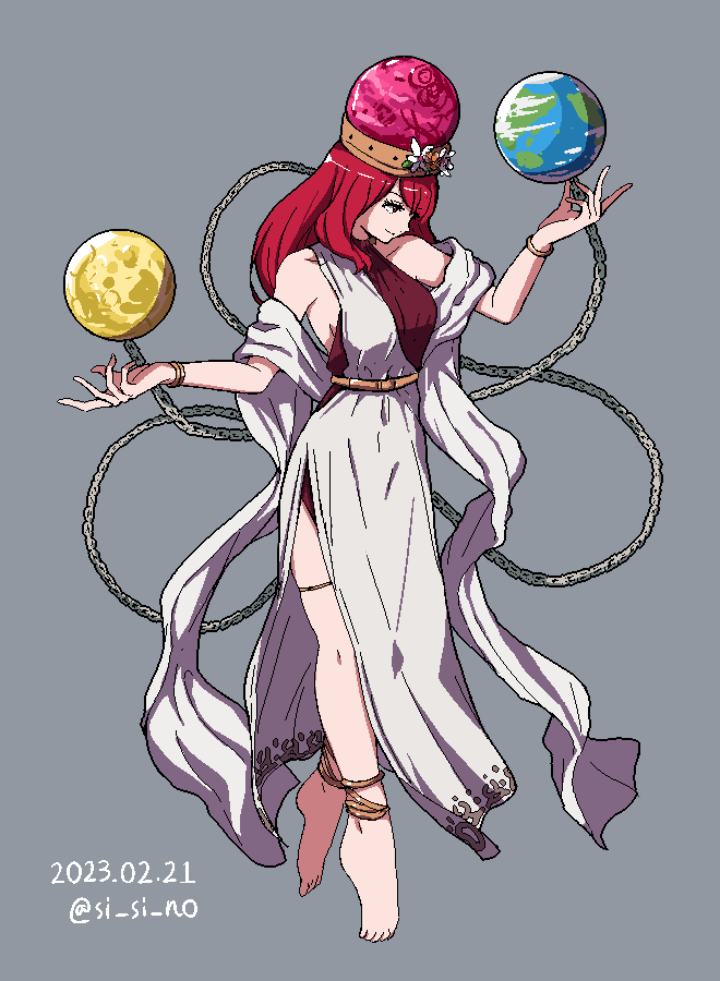 1girl ancient_greek_clothes anklet bare_shoulders barefoot breasts chain earth_(ornament) full_body greco-roman_clothes hecatia_lapislazuli jewelry medium_breasts medium_hair moon_(ornament) peplos red_eyes red_hair shishi_osamu solo touhou underworld_(ornament)