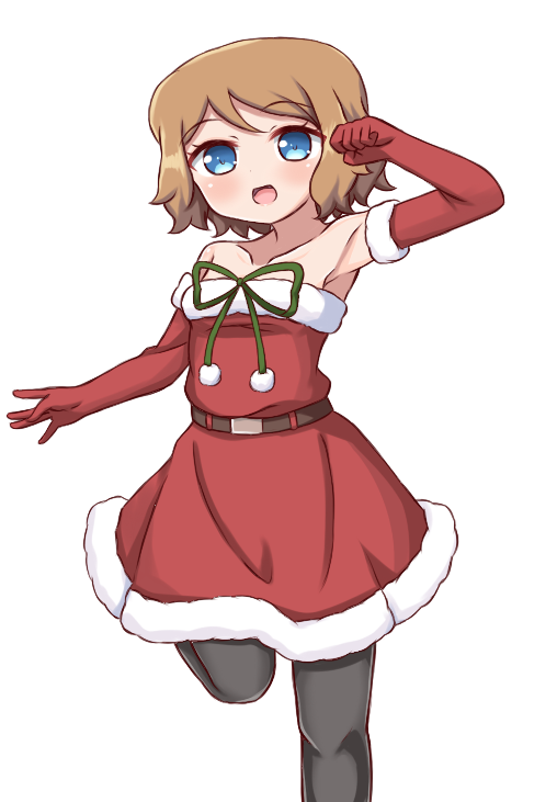 1girl ako_(azusaching0612) alternate_costume arm_up armpits bare_shoulders belt black_pantyhose blonde_hair blue_eyes blush breasts child collarbone dress elbow_gloves female_focus fur_trim gloves green_ribbon hand_up leg_lift looking_at_viewer nintendo npc_trainer open_mouth pantyhose player_character pokemon pokemon_(anime) pokemon_xy red_dress red_gloves ribbon santa_costume serena_(pokemon) short_hair simple_background small_breasts smile solo standing standing_on_one_leg strapless strapless_dress white_background
