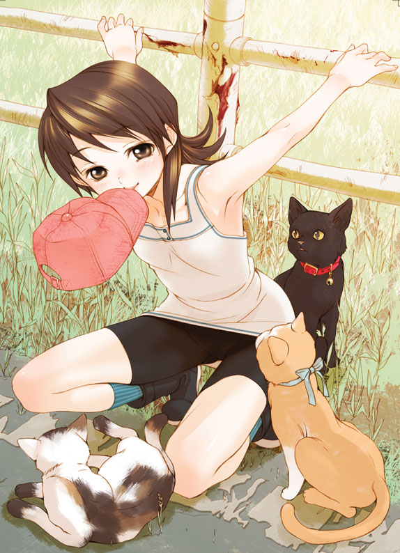 1girl against_fence armpits baseball_cap bike_shorts brown_eyes brown_hair camisole cat female_focus fence field grass hat kawata_hisashi kneeling miidera_tsukuyo mouth_hold short_hair smile solo squatting tasogare