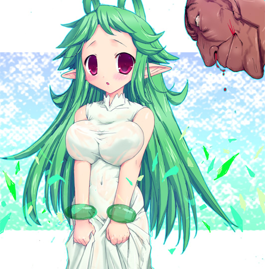 1boy 1girl 2000s_(style) aroused_nosebleed bad_id blush breasts closed_mouth commentary_request covered_navel cowboy_shot dress grappler_baki green_hair impossible_clothes impossible_dress large_breasts leaf lif_(ragnarok_online) long_hair looking_at_another nosebleed open_mouth pointy_ears ragnarok_online shigeryun short_bangs sleeveless sleeveless_dress smile solo_focus very_long_hair white_dress