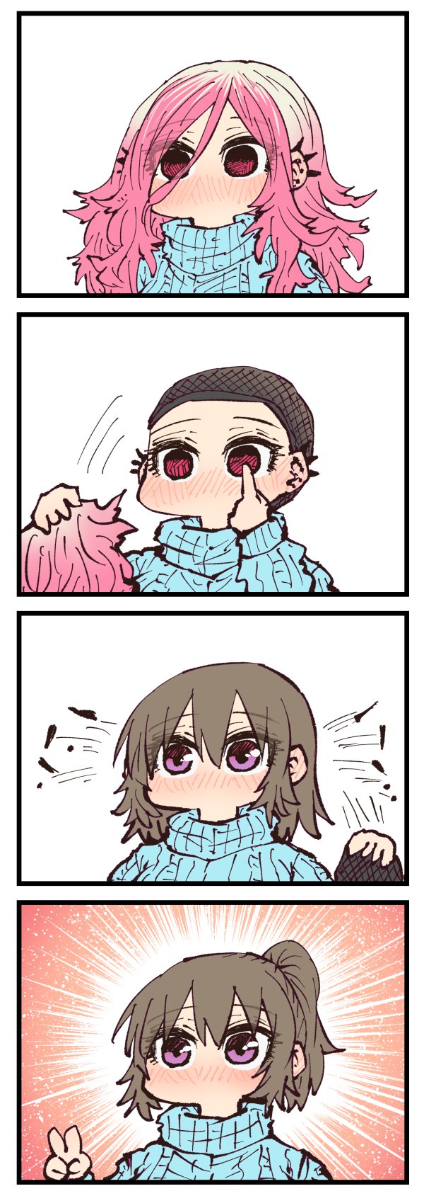 1girl 4koma alternate_hairstyle blue_sweater blush brown_hair chibi comic contact_lens hair_ornament hairpin highres jimoto_ni_kaettekitara_osananajimi_ga_kowareteta kyouko_(jimoto_ni_kaettekitara_osananajimi_ga_kowareteta) long_hair no_mouth ponytail purple_eyes red_eyes ribbed_sweater spiked_ear_piercing sweater v white_background wig unworn_wig zyugoya