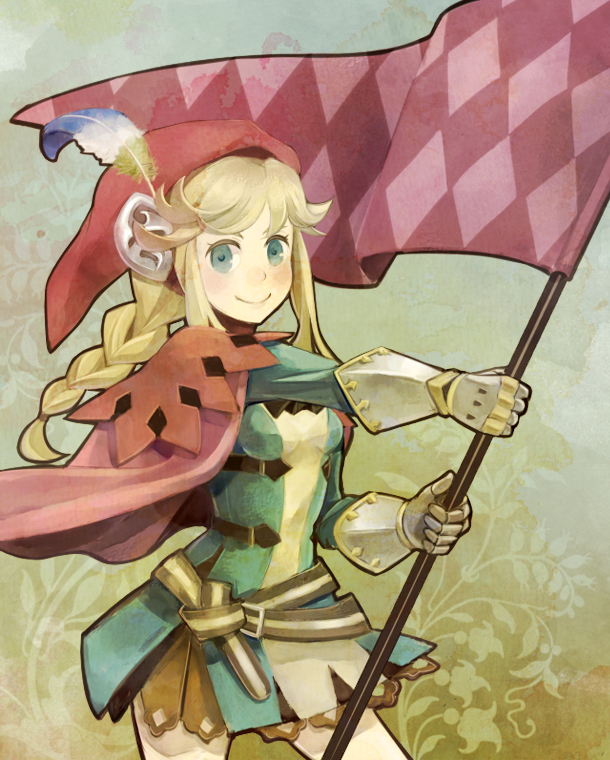 1girl belt blonde_hair blush braid breasts cape dress flag gauntlets grand_knights_history hat_feather holding holding_flag lecia_(grand_knights_history) long_hair medium_breasts red_headwear shio_(orange_lounge) solo standing