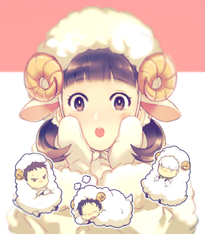 1girl 3boys adachi_tooru animal_costume animal_ears atlus black_hair brown_eyes brown_hair cigarette doujima_nanako doujima_ryoutarou hands_on_own_cheeks hands_on_own_face horns jitome megami_tensei multiple_boys narukami_yu open_mouth persona persona_4 saeuchobab sheep_costume sheep_ears sheep_horns shin_megami_tensei sleeping twintails white_hair wool