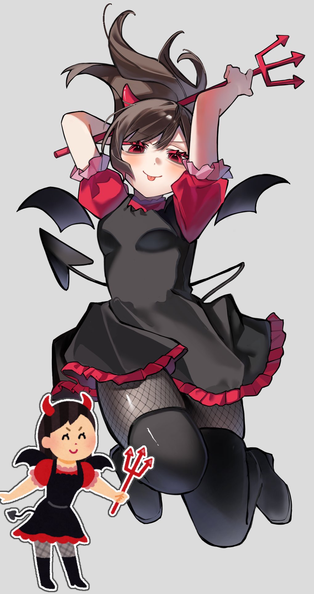 1girl :p black_boots black_dress black_pantyhose black_wings blush boots brown_hair colored_eyelashes demon_girl demon_horns demon_tail dress fishnet_pantyhose fishnets frilled_dress frilled_sleeves frills hair_between_eyes highres holding holding_polearm holding_weapon horns irasutoya irasutoya_challenge jumping looking_at_viewer nikuta original pantyhose polearm ponytail puffy_short_sleeves puffy_sleeves red_eyes red_horns red_sleeves reference_inset short_sleeves simple_background solo tail thigh_boots tongue tongue_out trident weapon white_background wings