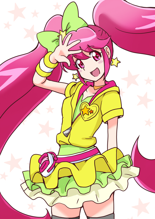 10s 1girl :d aino_megumi arm_up bakusai bow brooch choker cure_lovely cure_lovely_(lollipop_hip_hop) earrings female_focus hair_bow happinesscharge_precure! heart heart_brooch hood hoodie jewelry long_hair magical_girl open_mouth pink_eyes pink_hair precure skirt smile solo star_(symbol) star_earrings thighhighs twintails white_background yellow_skirt