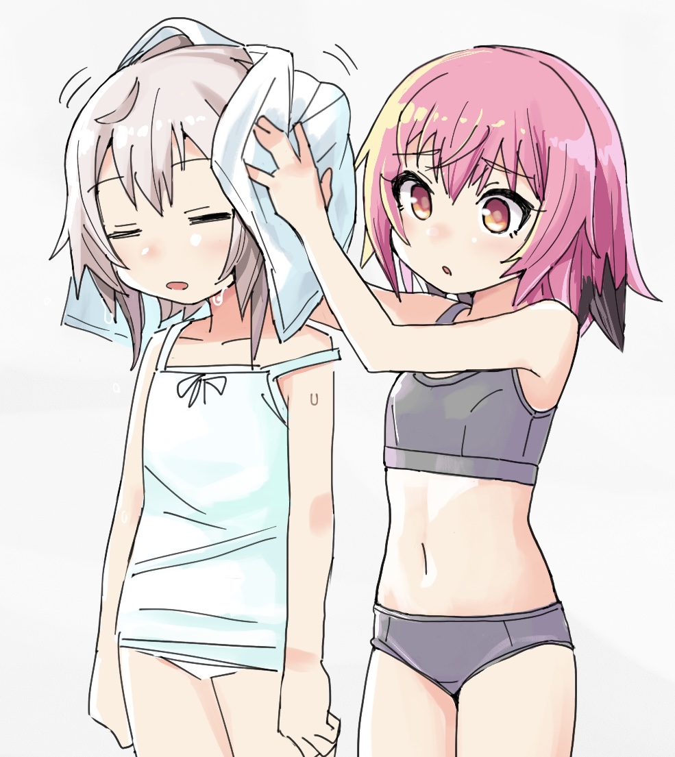 2girls black_hair blush bra closed_eyes colored_tips commentary_request drying drying_hair grey_background grey_bra grey_hair grey_panties hair_between_eyes holding holding_towel kantai_collection kunashiri_(kancolle) mizoki_kei multicolored_hair multiple_girls off_shoulder panties parted_lips pink_hair red_eyes shimushu_(kancolle) short_hair simple_background tank_top towel underwear underwear_only wet white_panties