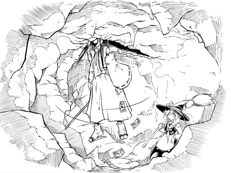 2girls braid broom cave detached_sleeves failure female_focus greyscale hakurei_reimu hat japanese_clothes kirisame_marisa miko monochrome multiple_girls pandemonium sandals short_hair socks touhou witch witch_hat