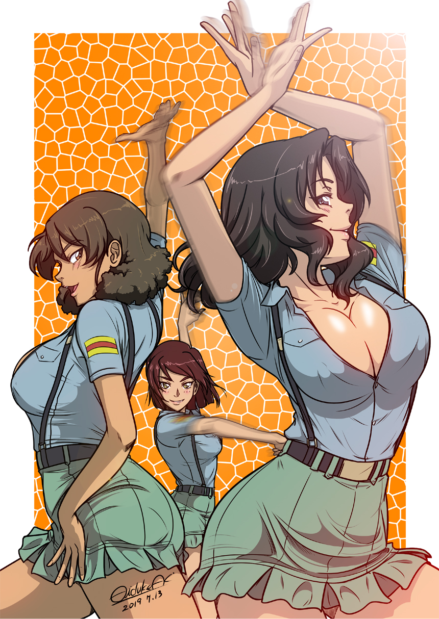 10s 2019 3girls aoshidan_school_uniform arms_up bad_id bad_pixiv_id bare_arms belt belt_buckle black_hair black_suspenders blue_shirt blunt_ends blush border breasts brown_eyes brown_hair buckle cleavage collared_shirt cowboy_shot dancing dark-skinned_female dark_skin dated el_(girls_und_panzer) flamenco girls_und_panzer green_skirt hair_intakes hand_on_own_hip highres hizuekeaki large_breasts long_hair looking_at_viewer looking_to_the_side miniskirt motion_blur multiple_girls open_mouth orange_background outside_border pleated_skirt school_uniform shirt short_hair short_sleeves signature skirt smile standing suspender_skirt suspenders thighs tongue tristana_(girls_und_panzer) viridiana_(girls_und_panzer) wavy_hair white_border