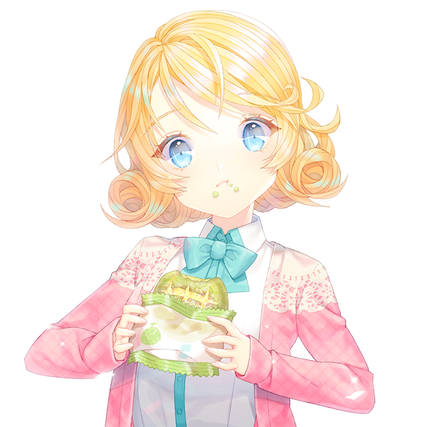 1girl :t blonde_hair blue_bow blue_bowtie blue_eyes bow bowtie bread cardigan chewing collared_shirt female_focus food food_on_face holding holding_food lace long_sleeves looking_at_viewer melon_bread original saban shirt short_hair simple_background solo swept_bangs upper_body white_background white_shirt