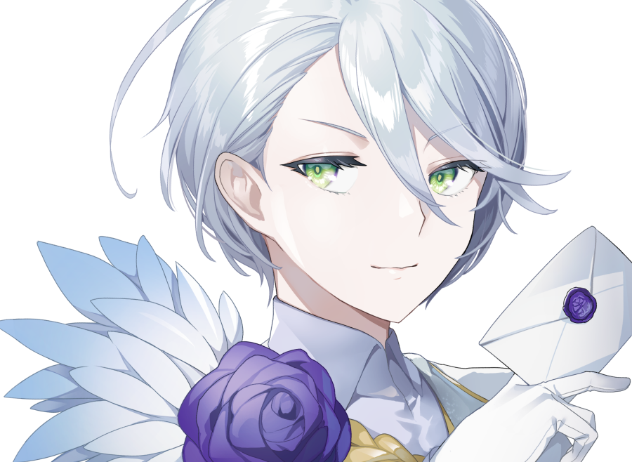 1girl androgynous bad_id bad_twitter_id between_fingers closed_mouth collared_shirt commentary_request envelope flower gloves green_eyes grey_hair hair_between_eyes hand_up holding holding_envelope inactive_account looking_at_viewer nabeshima_(pon_nbsm) pretty_series pripara purple_flower purple_rose reverse_trap rose shikyoin_hibiki shirt short_hair simple_background smile solo upper_body white_background white_gloves white_shirt