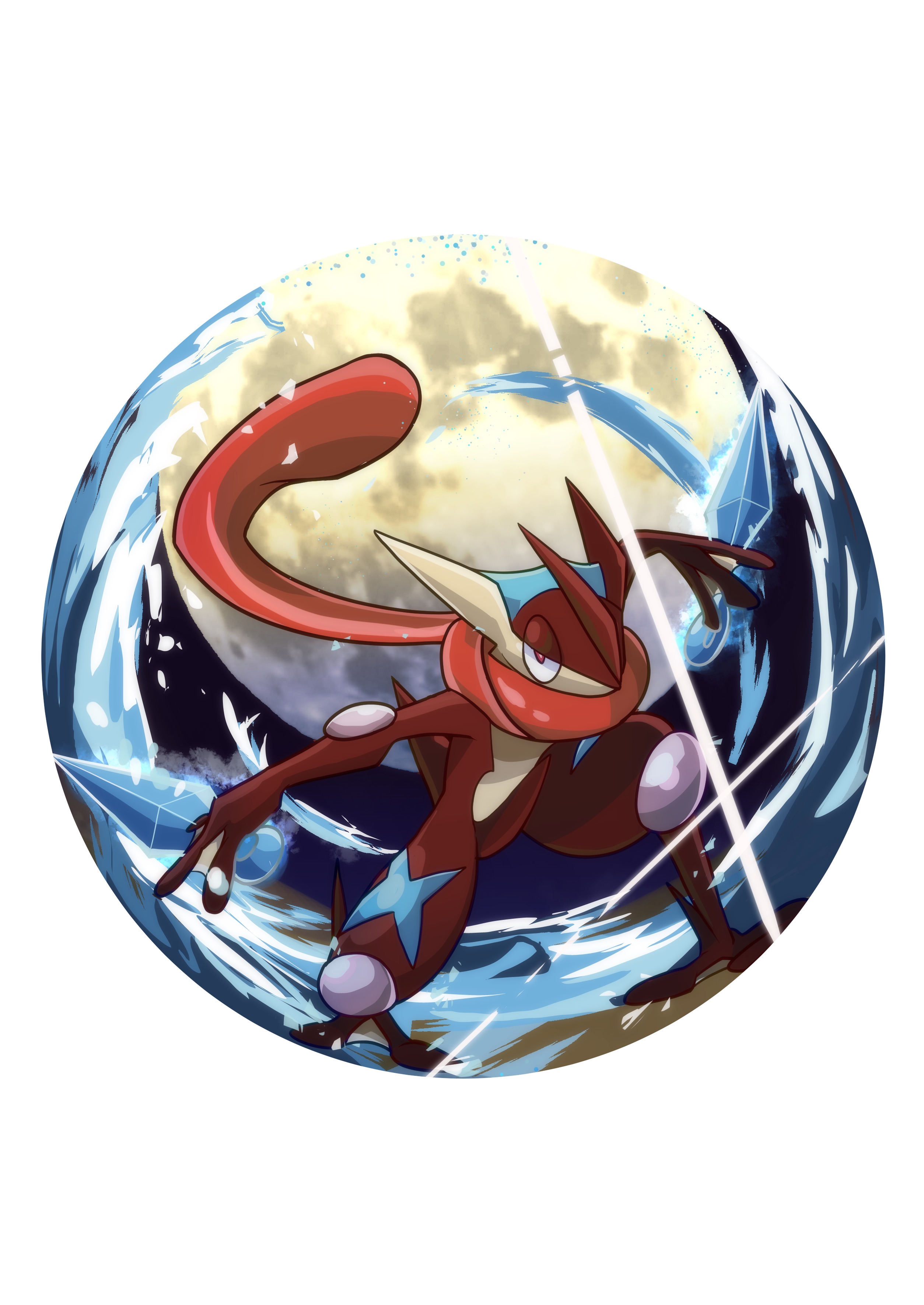 absurdres bright_pupils commentary_request full_body game_freak gen_6_pokemon greninja highres legs_apart looking_at_viewer nikkado nintendo pokemon pokemon_(creature) red_eyes solo tongue water white_pupils