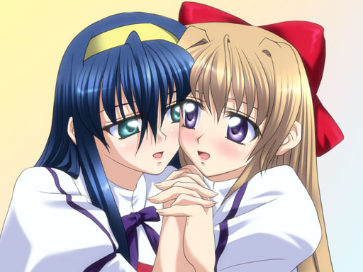 00s 2004 2girls aqua_eyes blonde_hair blue_hair blush bow bowtie cheek-to-cheek eye_contact gradient_background hair_between_eyes hair_bow hairband heads_together himemiya_chikane holding_hands interlocked_fingers kannazuki_no_miko kurusugawa_himeko large_bow long_sleeves looking_at_another looking_at_viewer multiple_girls open_mouth puffy_sleeves purple_bow purple_eyes red_bow sanshita school_uniform shirt smile upper_body white_shirt