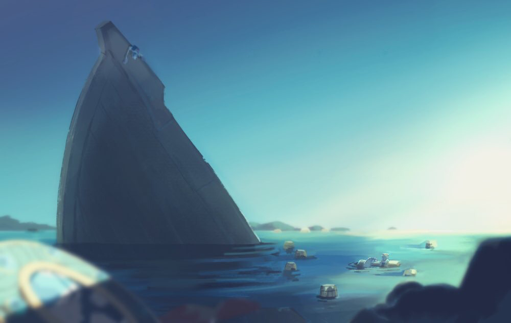 blue_sky blurry box broken_mirror captain_whitebones_(dqb2) character_request check_character commentary_request depth_of_field dragon_quest dragon_quest_builders_2 female_builder_(dqb2) floating gradient_sky head_out_of_frame mirror ocean rock ship shipwreck skeleton_(dragon_quest) sky tftf649e water watercraft
