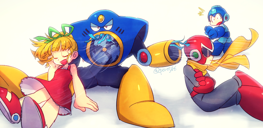1girl 3boys :d air_man arm_cannon brown_eyes capcom cape closed_eyes crossed_arms crossed_legs dress helmet male_focus mega_man_(character) mega_man_(classic) mega_man_(series) mega_man_2 multiple_boys open_mouth poroi_(poro586) proto_man red_dress robot roll_(mega_man) simple_background sitting smile standing sunglasses weapon white_background wind yellow_cape