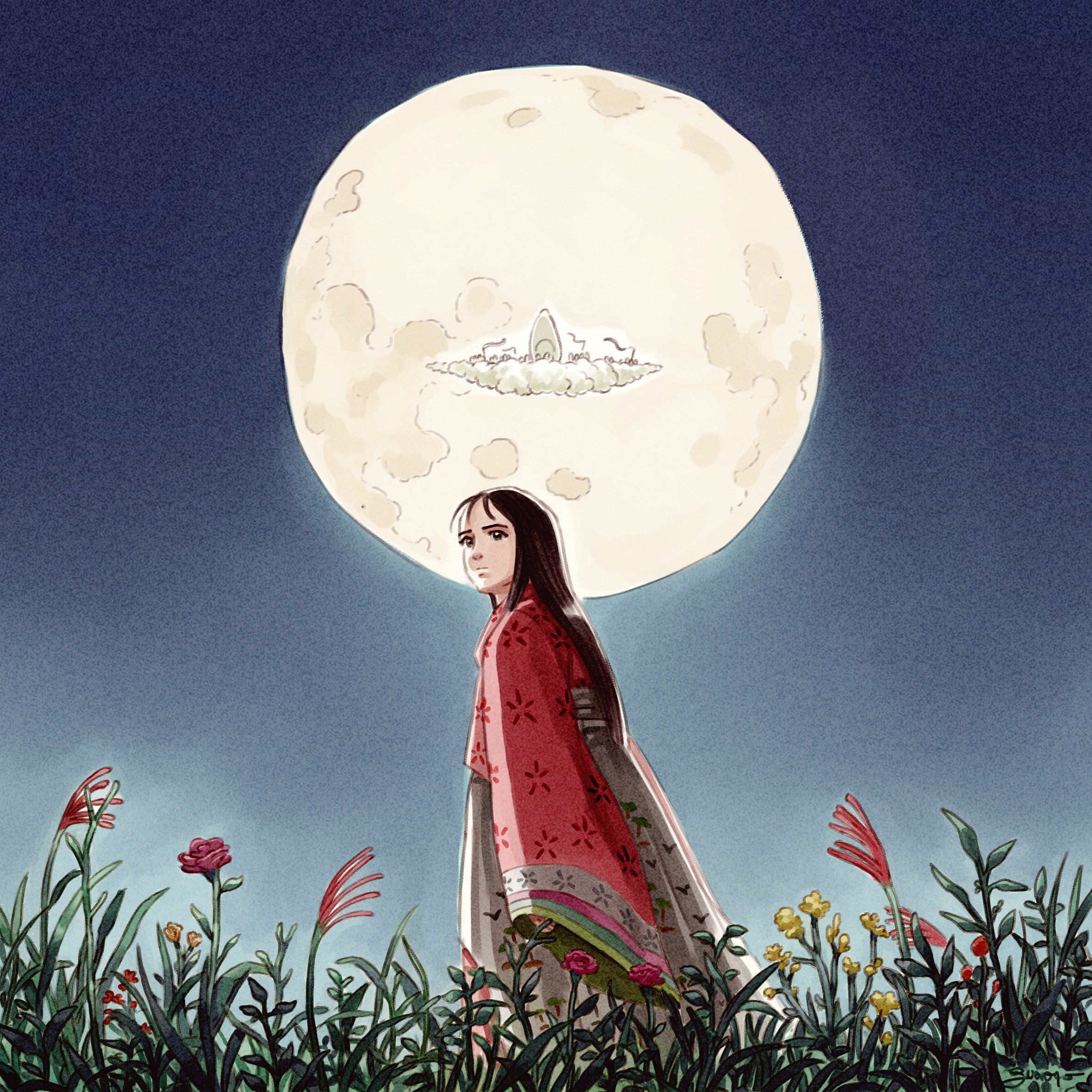 1girl arms_at_sides black_eyes black_hair closed_mouth cloud commentary english_commentary facing_viewer fantasy feet_out_of_frame floral_print flower frown full_moon grass highres japanese_clothes juanito_medina kaguya-hime_no_monogatari kaguya_hime kimono long_hair long_sleeves looking_afar moon moonlight night night_sky orange_flower outdoors pink_flower pink_rose plant red_flower rose serious shaded_face signature sky sleeves_past_fingers sleeves_past_wrists solo standing straight_hair tareme