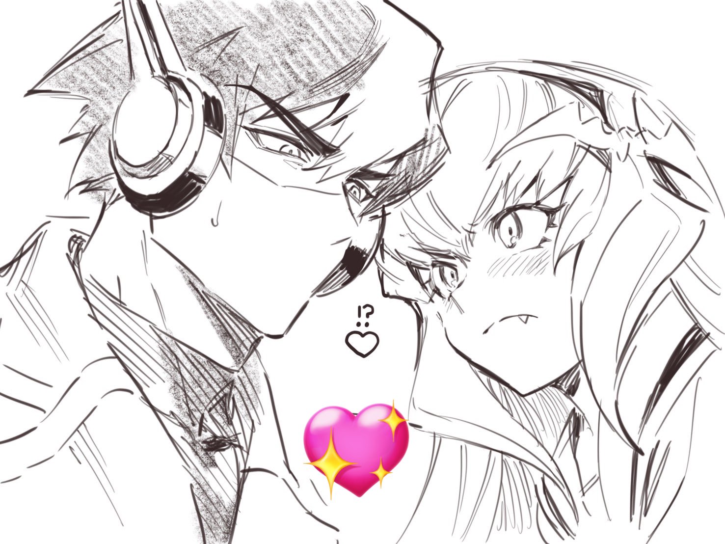 !? 1boy 1girl blush collared_shirt emoji fang fang_out frown genderswap genderswap_(mtf) hair_ornament heart humanization jacket koooogasya long_hair looking_down megatron multicolored_hair optimus_prime shirt sparkle streaked_hair transformers transformers_prime v-shaped_eyebrows white_background