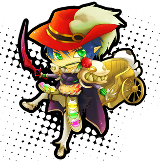 1boy armor blue_hair cape cavalier_hat chibi chibi_only commentary_request crop_top flower flower_in_mouth full_body genetic_(ragnarok_online) green_eyes grey_shoes hat holding holding_sword holding_weapon looking_at_viewer lowres male_focus midriff pants pauldrons picojan_w plume pointy_ears potion pullcart purple_cape ragnarok_online red_flower red_hat red_rose rose shoes short_hair shoulder_armor solo sword weapon white_pants