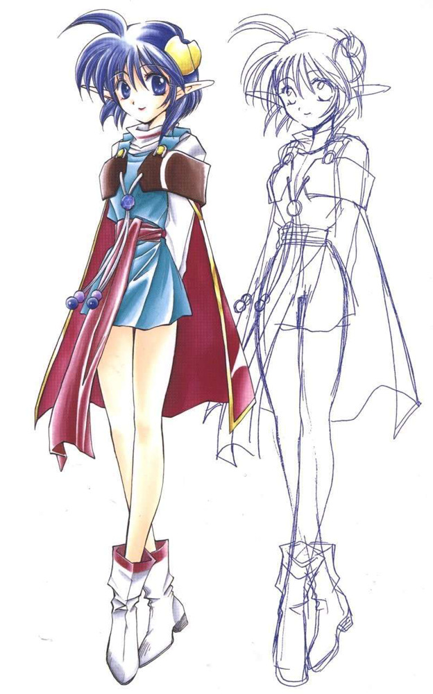 1girl ahoge arms_behind_back azuma_mayumi bare_legs blue_dress blue_eyes blue_hair cape closed_mouth crescent crescent_hair_ornament crossed_legs dress female_focus full_body hair_ornament looking_at_viewer miniskirt pointy_ears red_cape rena_lanford scan shirt shoes short_hair sketch skirt smile solo standing star_ocean star_ocean_ex star_ocean_the_second_story white_shirt white_shoes