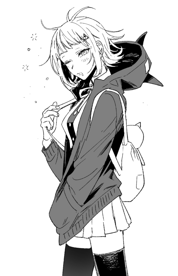1girl animal_bag breasts cat_bag danganronpa_(series) danganronpa_2:_goodbye_despair dress_shirt from_side greyscale hood hood_down hooded_jacket jacket looking_at_viewer looking_to_the_side medium_breasts miniskirt monochrome nanami_chiaki neck_ribbon one_eye_closed pleated_skirt ribbon saliva shirt simple_background skirt sleepy solo thighhighs two-tone_shirt uurin zettai_ryouiki
