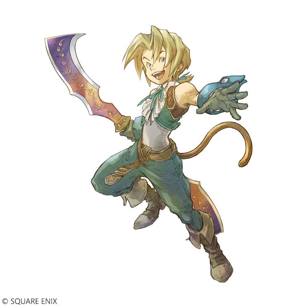 ankle_boots bare_shoulders belt blonde_hair boots double_blade final_fantasy final_fantasy_ix gloves holding holding_sword holding_weapon itahana_toshiyuki monkey_tail official_art ponytail short_sleeves simple_background smile sword tagme tail thief vest weapon zidane_tribal