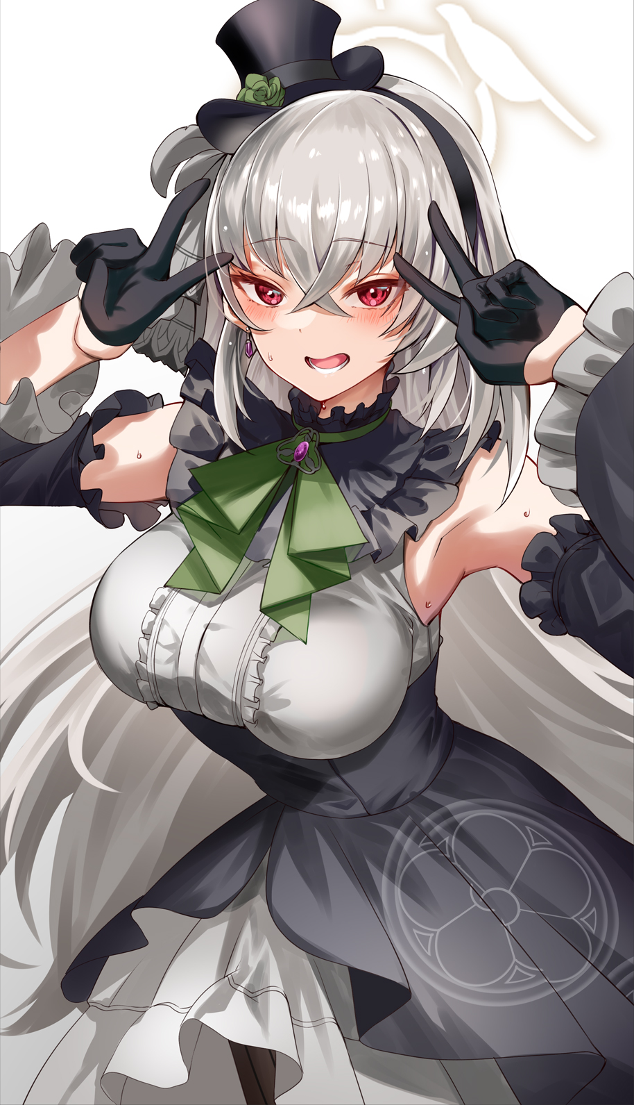 1girl armpits ascot black_gloves black_headband blue_archive breasts crossed_bangs detached_sleeves double_inward_v dress flower flower_hat frilled_dress frilled_sleeves frills gloves green_ascot green_flower green_rose grey_dress grey_hair half_gloves halo hat headband highres idol idol_clothes large_breasts long_hair looking_at_viewer mini_hat mini_top_hat rose sakurako_(blue_archive) sakurako_(idol)_(blue_archive) sleeveless sleeveless_dress smile top_hat white_halo yellow_halo yu_ni_t