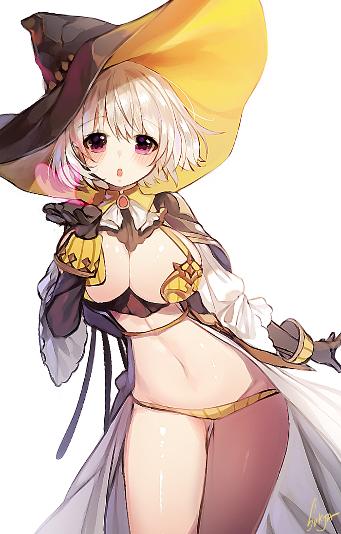 1girl :o artist_name bad_id bad_pixiv_id blowing_kiss breasts cleavage elbow_gloves female_focus gloves groin hat heart large_breasts navel original panties purple_eyes shiny_skin short_hair signature silver_hair simple_background solo sukja thighs underwear witch_hat