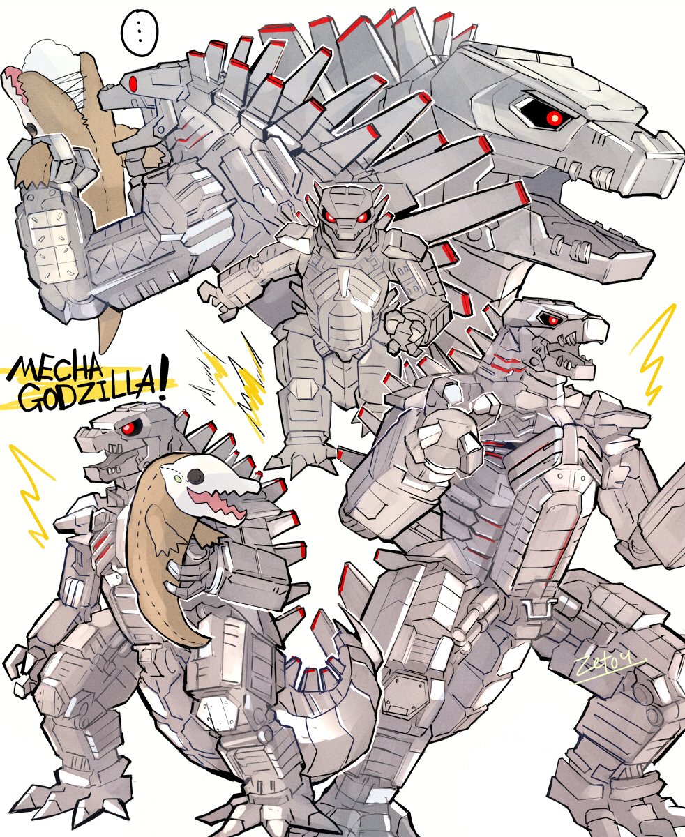 ... black_sclera character_name claws colored_sclera crossover english_text giant giant_monster giant_robot glowing glowing_eyes godzilla_(series) godzilla_vs._kong highres kaiju king_kong_(series) legendary_pictures looking_at_viewer mecha mechagodzilla monster monsterverse no_humans no_pupils number_10_skullcrawler open_mouth pincers red_eyes robot simple_background skullcrawler speech_bubble spikes stuffed_animal stuffed_toy tail toho tsk03 white_background