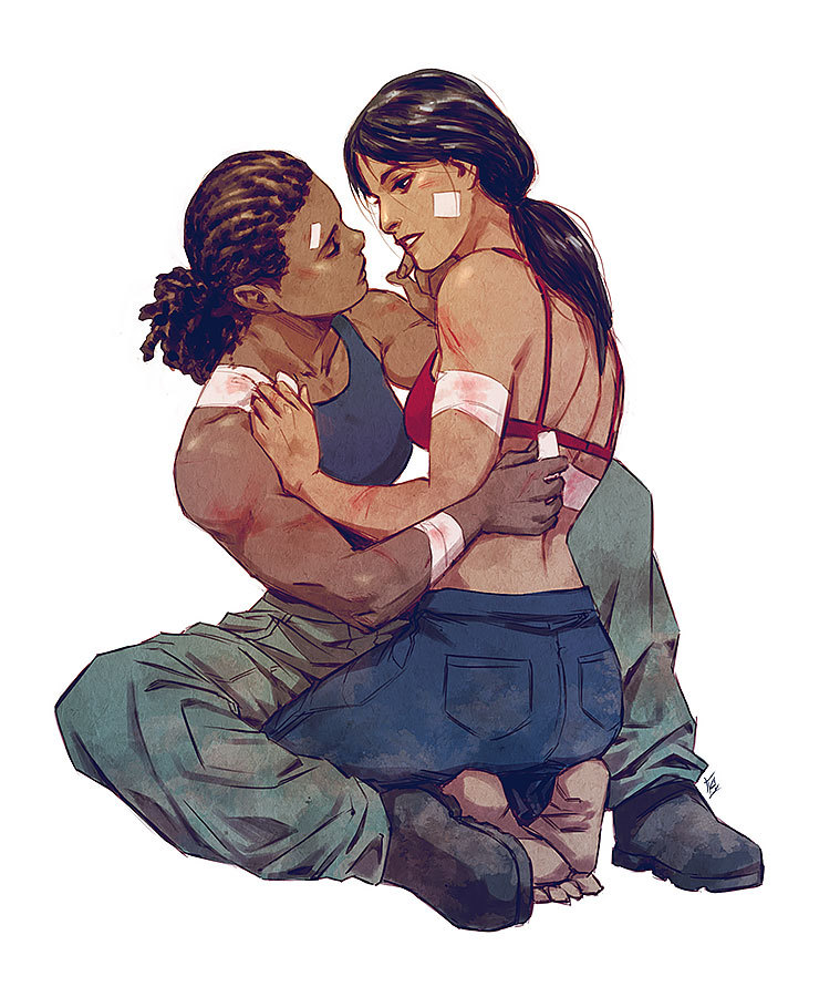 2girls back bandages bandaid bandaid_on_face bandaid_on_forehead barefoot black_hair blood boots bra breasts brown_hair cargo_pants chloe_frazer_(uncharted) closed_eyes combat_boots commission cuts dark-skinned_female dark_skin denimcatfish dreadlocks full_body imminent_kiss injury interracial lips long_hair looking_at_another medium_breasts multiple_girls muscular muscular_female nadine_ross nose pants red_bra sleeveless tank_top topless_male uncharted uncharted:_the_lost_legacy underwear very_dark_skin white_background yuri
