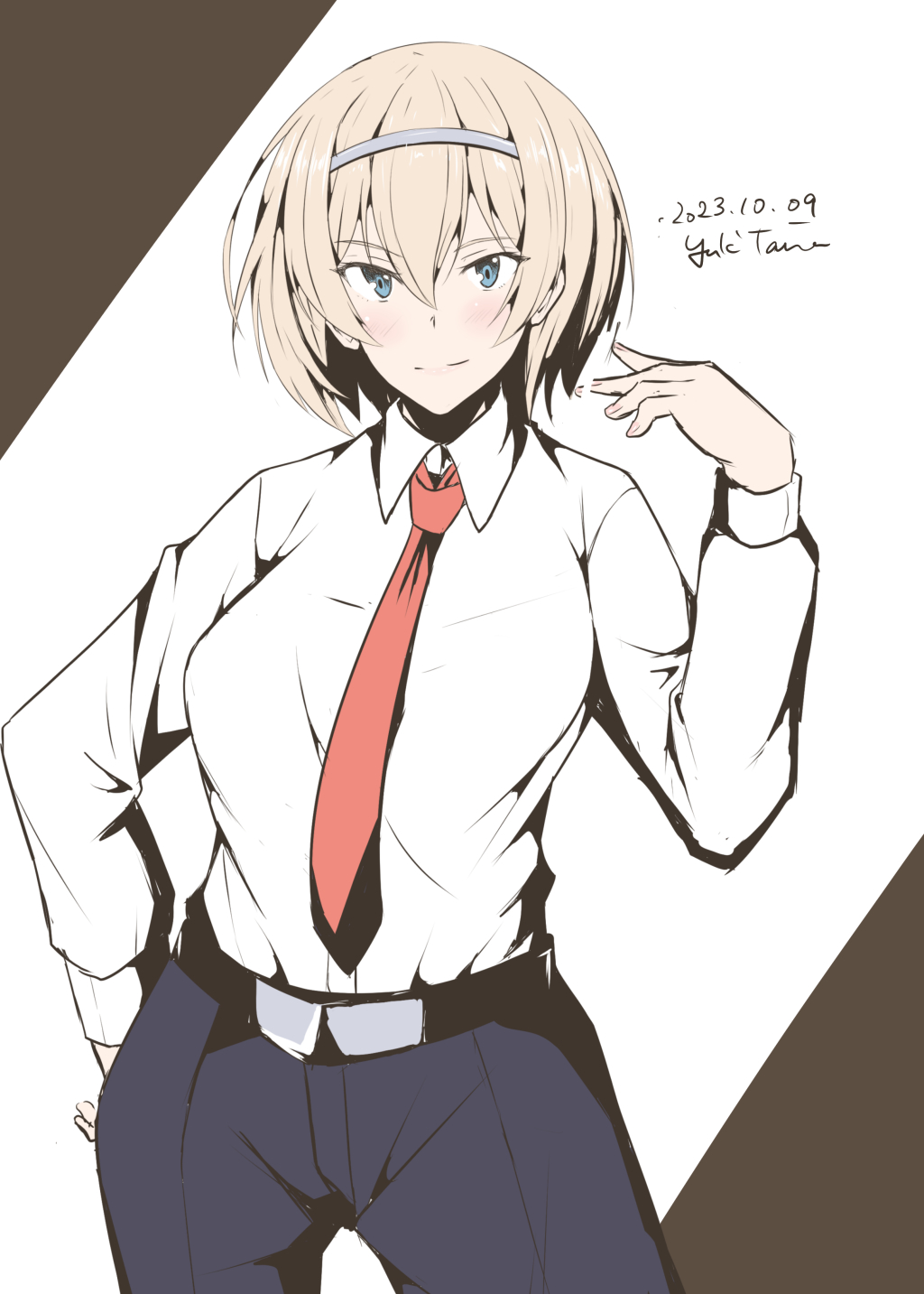 1girl alternate_costume artist_name belt blonde_hair blue_eyes blue_pants collared_shirt cowboy_shot dated dress_shirt hairband highres kantai_collection long_hair necktie official_alternate_hair_length official_alternate_hairstyle pants red_necktie shirt short_hair solo taira_yuuki victorious_(kancolle) white_hairband white_shirt